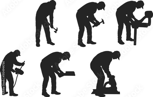 Construction worker silhouettes collection, industrial laborers using hammer, drill and power tools in different poses isolated on white background, vector illustration set