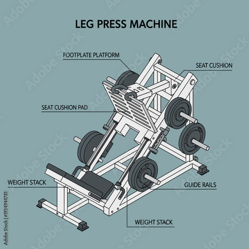 Detailed diagram of a leg press machine with labeled components.