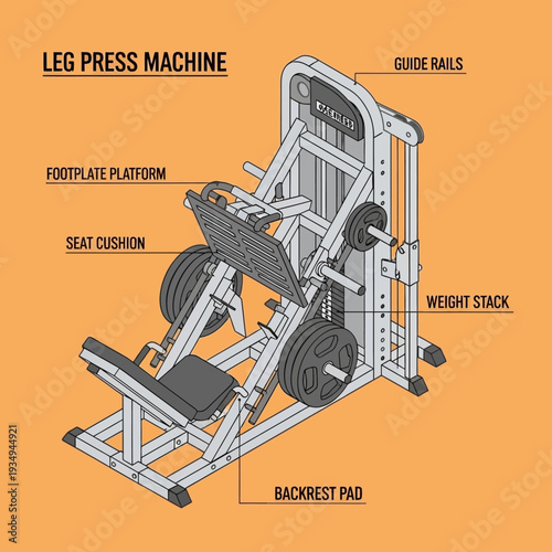 Leg Press Machine Gym Equipment with Labeled Parts.