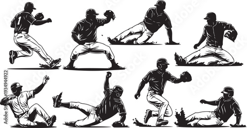 Baseball player in various dynamic poses and movements illustration