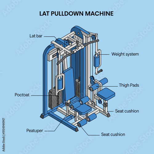 Detailed diagram of a lat pulldown machine with labeled parts.