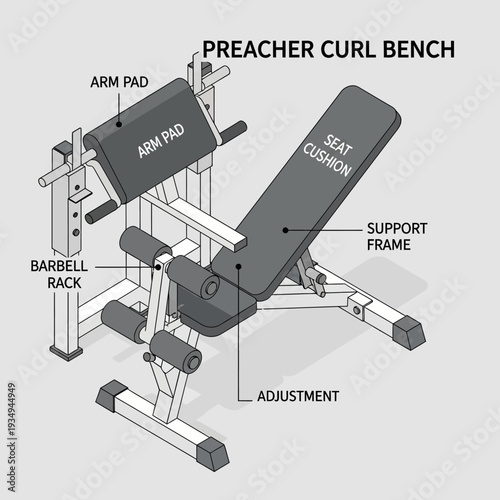Detailed diagram of a preacher curl bench with labeled parts.