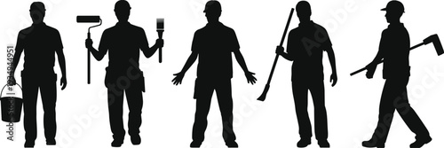 Construction worker silhouettes collection, professional painters and builders holding rollers, brushes and tools isolated on white background, vector illustration for industrial maintenance concept