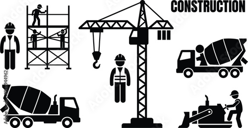 Construction site silhouettes featuring heavy machinery crane concrete mixer trucks bulldozer and industrial workers on scaffolding for engineering building development and infrastructure projects