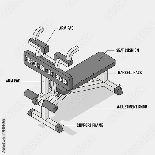 Detailed diagram of a preacher curl bench with labeled components.