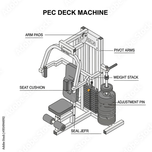 Detailed diagram of a Pec Deck Machine with labeled parts for fitness and exercise.