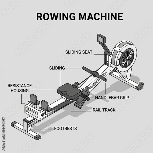 Detailed Diagram of Rowing Machine Components and Parts.