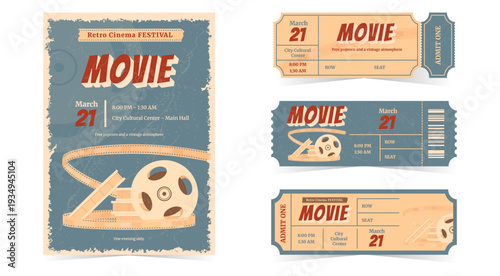 Cinema. A collection of film reel posters and tickets for a retro film festival in a vintage style. Modern, minimalist retro illustration
