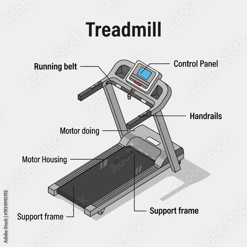 Detailed diagram of a treadmill with labeled parts for fitness and exercise equipment.