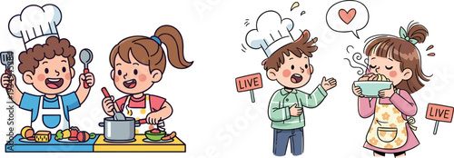 Cartoon children cooking together, kids chef illustration with live show, fun food preparation activity highlighting teamwork, creativity, and enjoyment