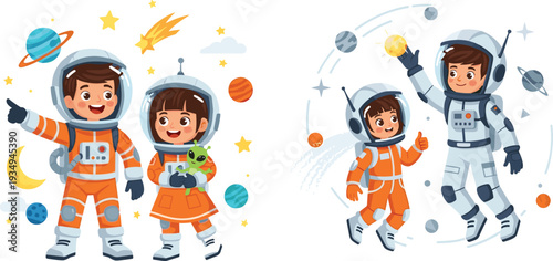 Cartoon children astronauts in space suits, playful exploration with planets, stars, moon, comet, alien toy, fun space adventure illustration