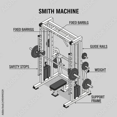 Detailed diagram of a Smith machine with labeled components.
