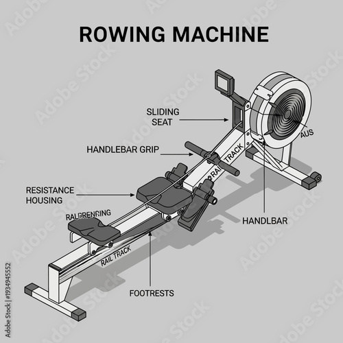 Detailed diagram of a rowing machine with labeled parts.