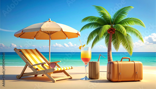 Relaxing beach scene with colorful chairs and a refreshing drink under the palm trees isolated on transparent background