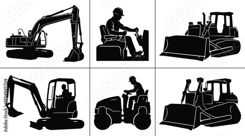 Industrial construction machinery silhouettes featuring excavator and professional operators for civil engineering site development earthmoving and building infrastructure project management