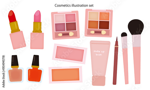 化粧品のイラストセット|口紅・チーク・アイシャドウ・ベース・アイライナー・ブラシ・マニキュア/Cosmetics illustration set