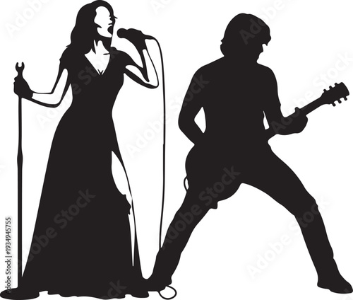 Rock band musicians silhouettes set with guitarist drummer singer performing live concert