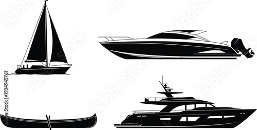 Boat and yacht silhouette collection featuring sailboat, speedboat, canoe and luxury yacht isolated on light background, marine transport vector illustration for nautical travel