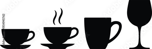 Drinkware silhouette collection featuring coffee cup, steaming tea cup, mug and wine glass isolated on light background, beverage container vector illustration set