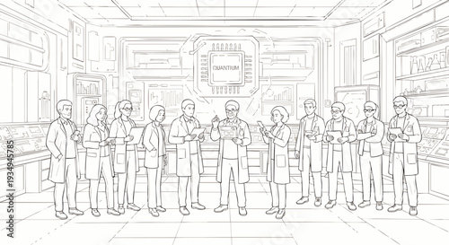 Scientists in a modern laboratory, holding test tubes and looking at a large computer chip on the wall.