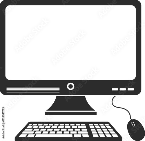 Minimal desktop computer workstation vector illustration with monitor, keyboard and mouse isolated on light background, modern office technology concept, flat design style