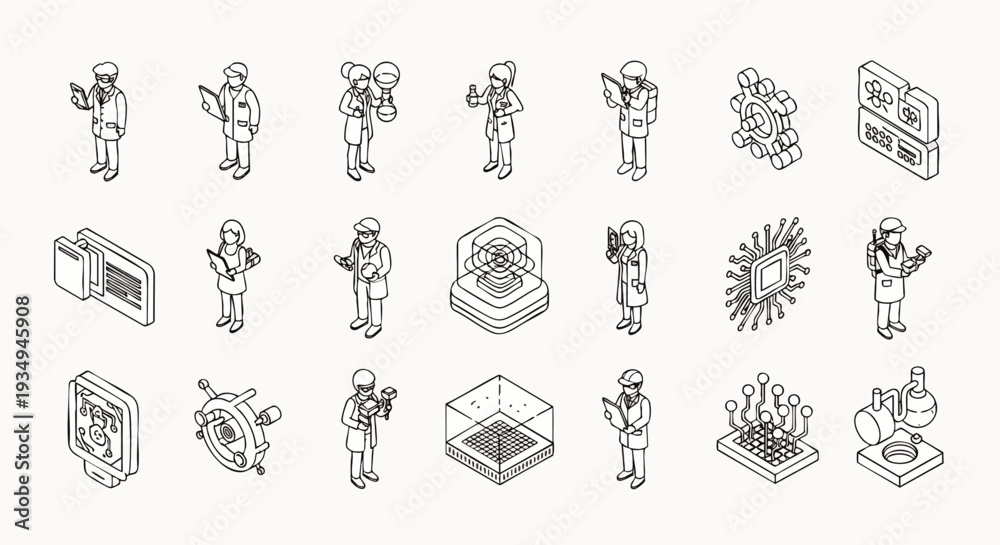 Fototapeta premium Isometric line art icons set featuring scientists, engineers, and tech professionals working with AI, robotics, data, and innovation in a modern environment.