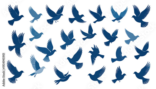 A flock of blue birds flying in a scattered formation against a light background isolated on transparent background