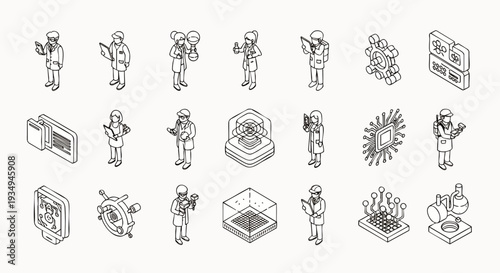 Isometric line art icons set featuring scientists, engineers, and tech professionals working with AI, robotics, data, and innovation in a modern environment.