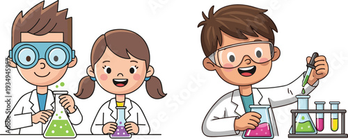 Cartoon children scientists in lab coats, chemistry experiment with colorful flasks and test tubes, fun science education illustration for kids