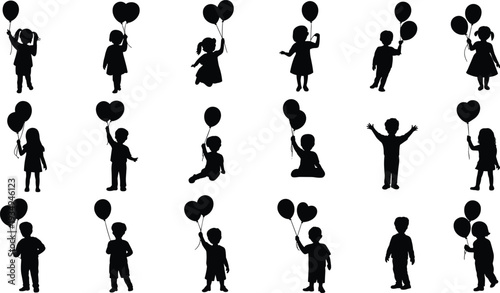 Children with balloons silhouette set, happy kids holding heart balloons celebration birthday party illustration