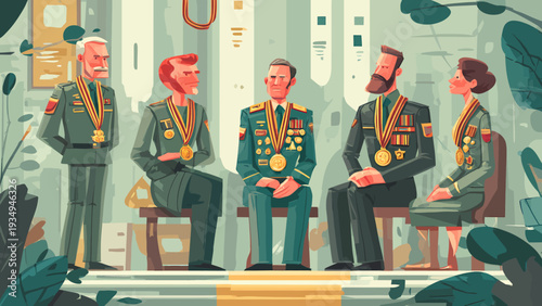 Military officers in uniform seated on a stage with medals, vector illustration of a formal ceremony indoors