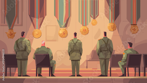 Soldiers receiving medals in a formal ceremony hall with dignitaries standing nearby, vector illustration