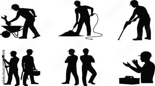 Construction worker silhouette set, builder team with jackhammer wheelbarrow tools and industrial repair equipment illustration
