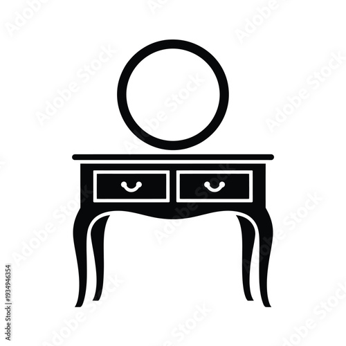 A black silhouette of a vintage dressing table with a circular mirror