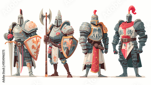 Diverse Knights Standing in a Row with Various Shields and Weapons Vector Illustration