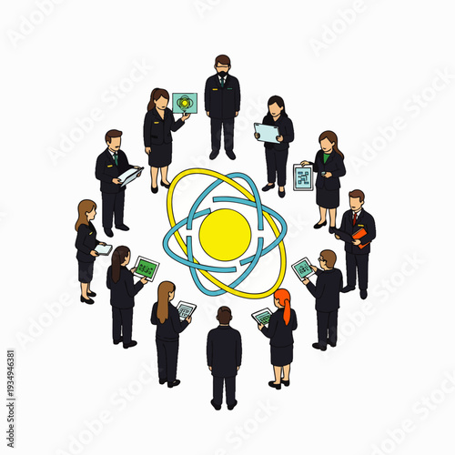Diverse team of scientists collaborating around a central atomic nucleus model, symbolizing research and innovation