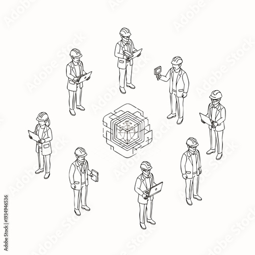 Team of engineers and architects gathered around a blueprint, discussing a construction project with laptops and tools.