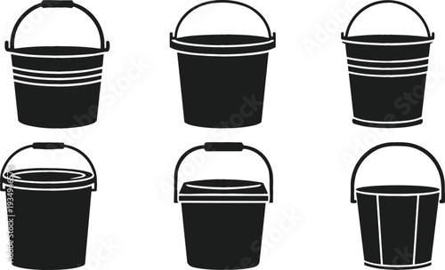 Set of black bucket silhouettes and various container icons
