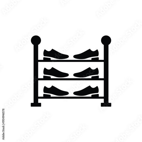 Simple black and white illustration of a shoe rack with footwear