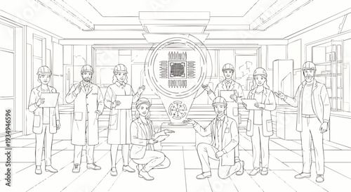 Team of scientists and engineers in a modern laboratory, discussing a complex technological innovation on a holographic display