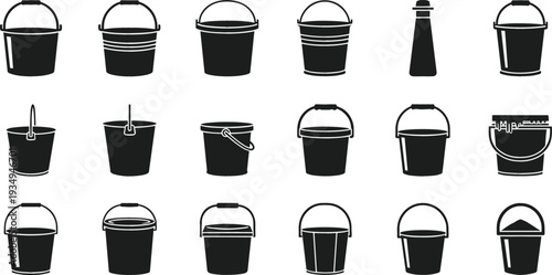 Set of various black bucket silhouettes and container icons
