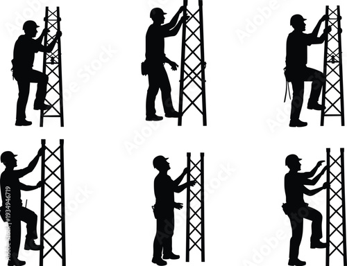 Construction worker silhouettes, scaffold climbing, occupational safety, working at heights, hard hat illustration, teamwork construction, inspection structure, building site, labor safety