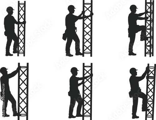 Construction worker silhouettes, truss climbing, occupational safety, hard hat illustration, tool belt workers, building site inspection, teamwork construction, vertical structure, labor safety