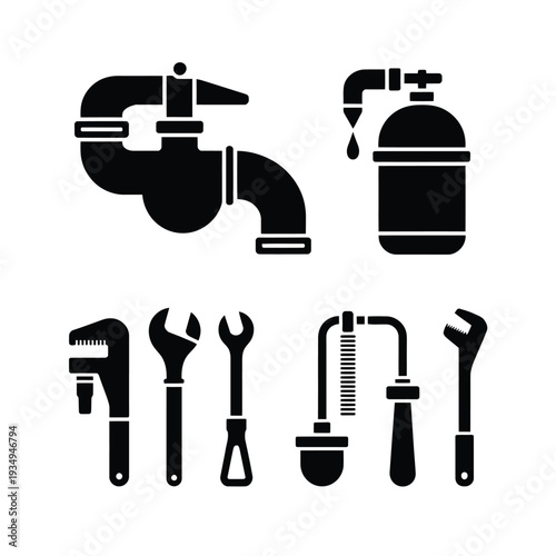 Plumbing tools and fixtures depicted in a simple black silhouette style