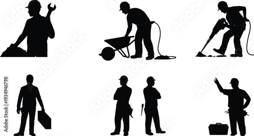 Construction workers silhouette set, builder team with tools wheelbarrow jackhammer toolbox and industrial equipment illustration