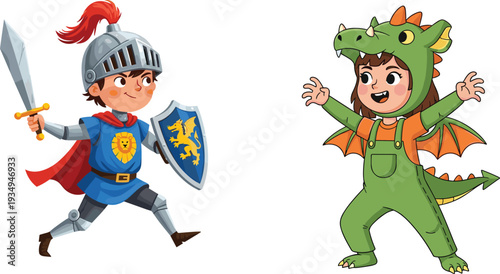Cute kids in knight armor and dragon costume, fantasy role play children characters, fairytale adventure cartoon vector illustration