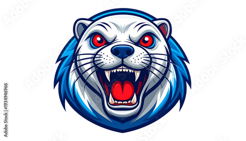 A fierce lion's head logo with a blue mane and red eyes on transparent background