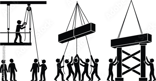 Industrial construction silhouettes showing manual labor teams lifting heavy beams and platforms with ropes and pulley systems for building site engineering and development