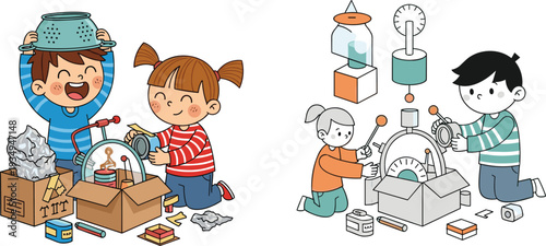 Kids inventors building machine cartoon illustration, children learning STEM engineering creativity science experiment activity with homemade invention project