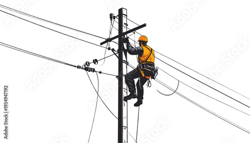 A utility worker in an orange vest and hard hat climbing a power pole on transparent background